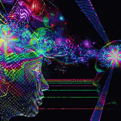 Colorful wireframe heads exchanging data