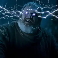 Man with glowing eyes and lightning