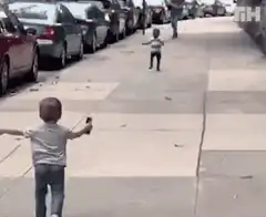 Toddler runs to hug another toddler