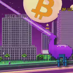 pixel art llama shoots laser at bitcoin moon