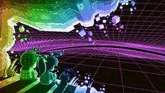 Retro 3D characters watching digital cubes