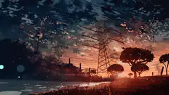 sunset landscape with power lines and trees