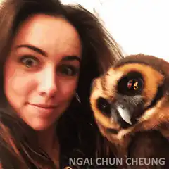 Woman and owl selfie zoom