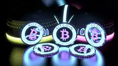 Glowing Bitcoin coins on dark background
