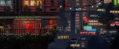 pixel art cityscape with flying birds