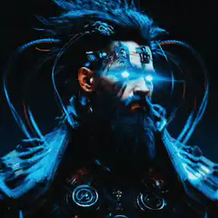 Cyberpunk man with glowing blue eyes