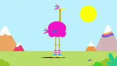 Pink bird on roller skates falls and stands
