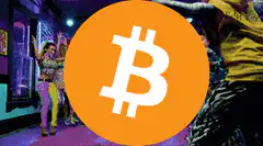Bitcoin logo over dancing people
