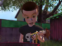 Sid holding Woody upside down