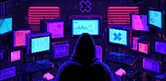 Hacker in neon control room