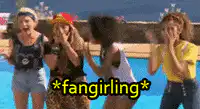 Girls fangirling by the pool
