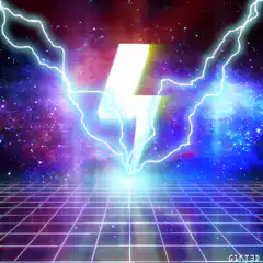Neon lightning bolt over synthwave grid