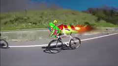 Cyclist with rocket and green character