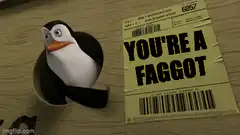 Penguin in cup next to shipping label