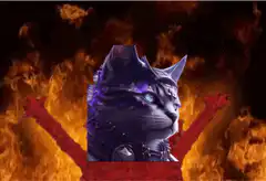 Cat in armor surrounded by fire