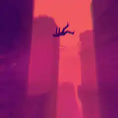 Person falling through city with Bitcoin and Nostr text