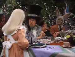 Mad Hatter and White Rabbit at tea party
