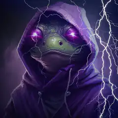 Hooded frog with glowing eyes and lightning