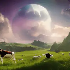 Cows grazing under a giant planet