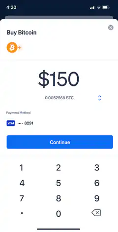 Buy Bitcoin $150 screen