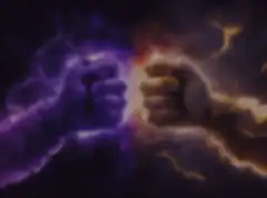 Purple and orange fists colliding