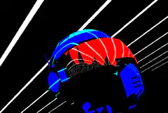 Blue and red helmet with white lines