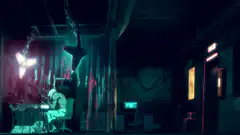 Cyberpunk room with hanging meat and seated figure