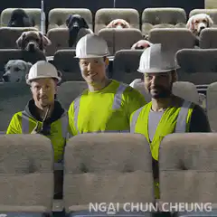 Construction workers and dogs in stadium seats