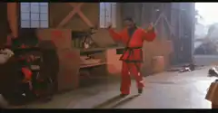 Bruce Lee in orange jumpsuit fighting