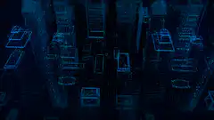 Blue wireframe cityscape with binary rain