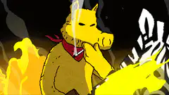 doge riding zebra through burning city