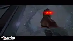 Woman with glowing red eyes breaks through glass