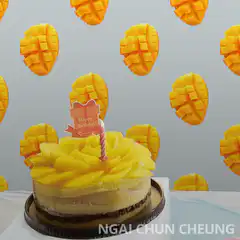 Old lady pops up behind mango birthday cake