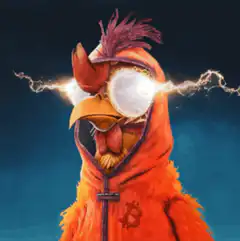 Chicken with glowing eyes and lightning