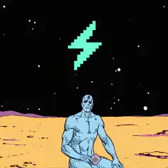 Blue alien on moon with lightning bolt