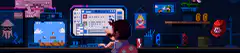 Pixel art person at computer desk