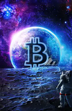 astronaut looking at bitcoin planet