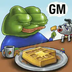 Pepe eating waffle with dog saying GM