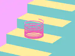 Pink slinky on pastel stairs