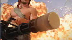 Rambo firing minigun with explosions