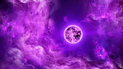 Glowing purple moon in cosmic clouds