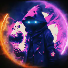 Hooded figure with glowing eyes and Bitcoin coin
