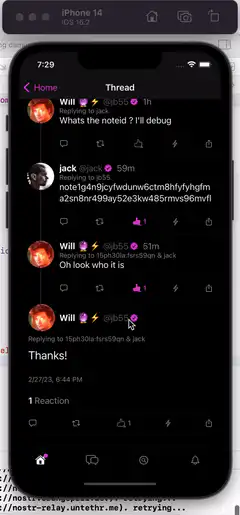iPhone screen recording of a nostr thread