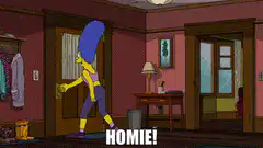 Marge opens door to Homer and kids saying HOMIE