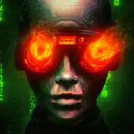 Cyberpunk character with fiery glowing eyes