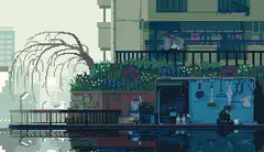 Pixel art city street scene