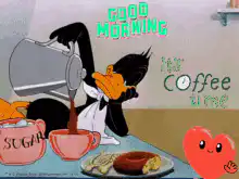 Daffy Duck pouring coffee with Good Morning text