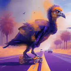 Vulture riding a hoverboard on a highway