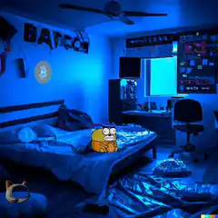 Bitcoin and purple crypto characters in bedroom