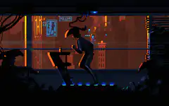 pixel art character dancing in neon room